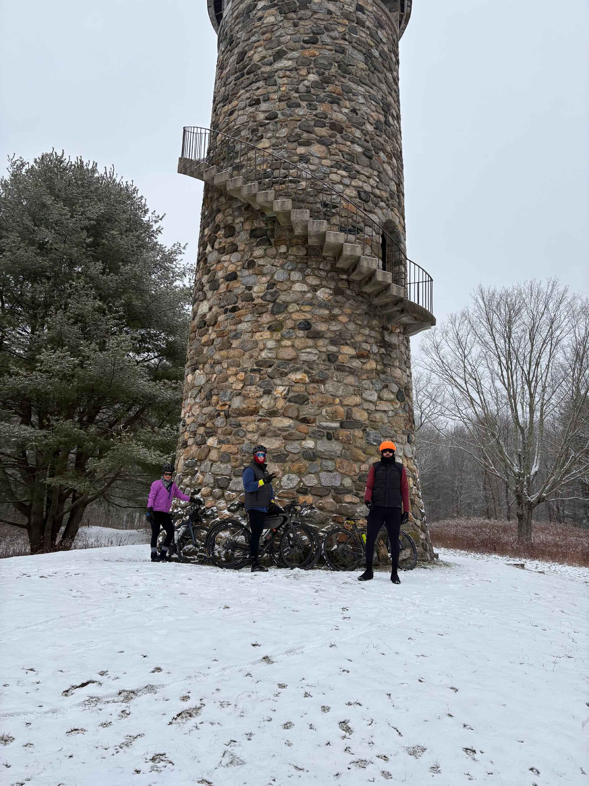 Winter bike ride at stone tower