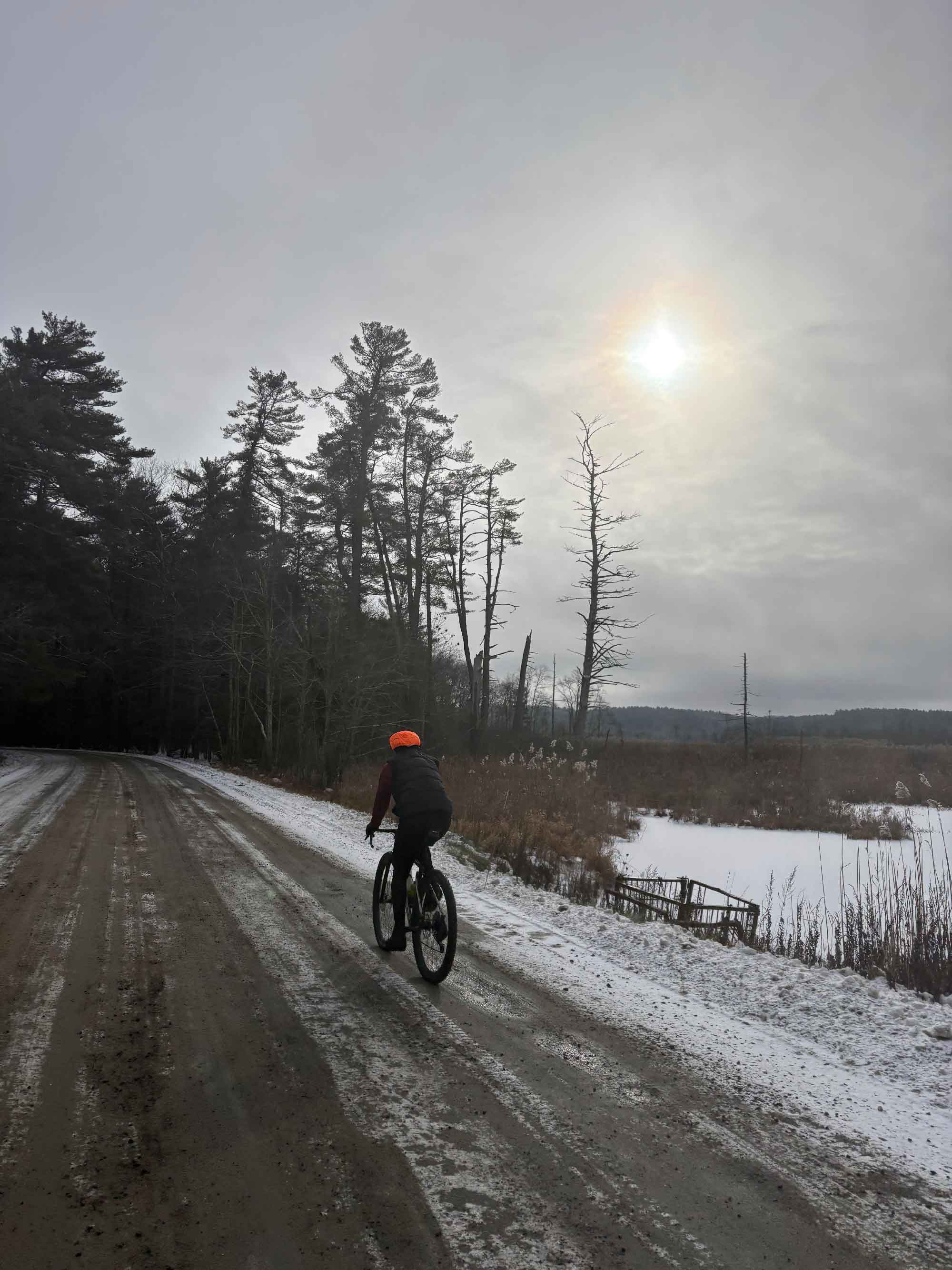 Fat biking on a snowy road