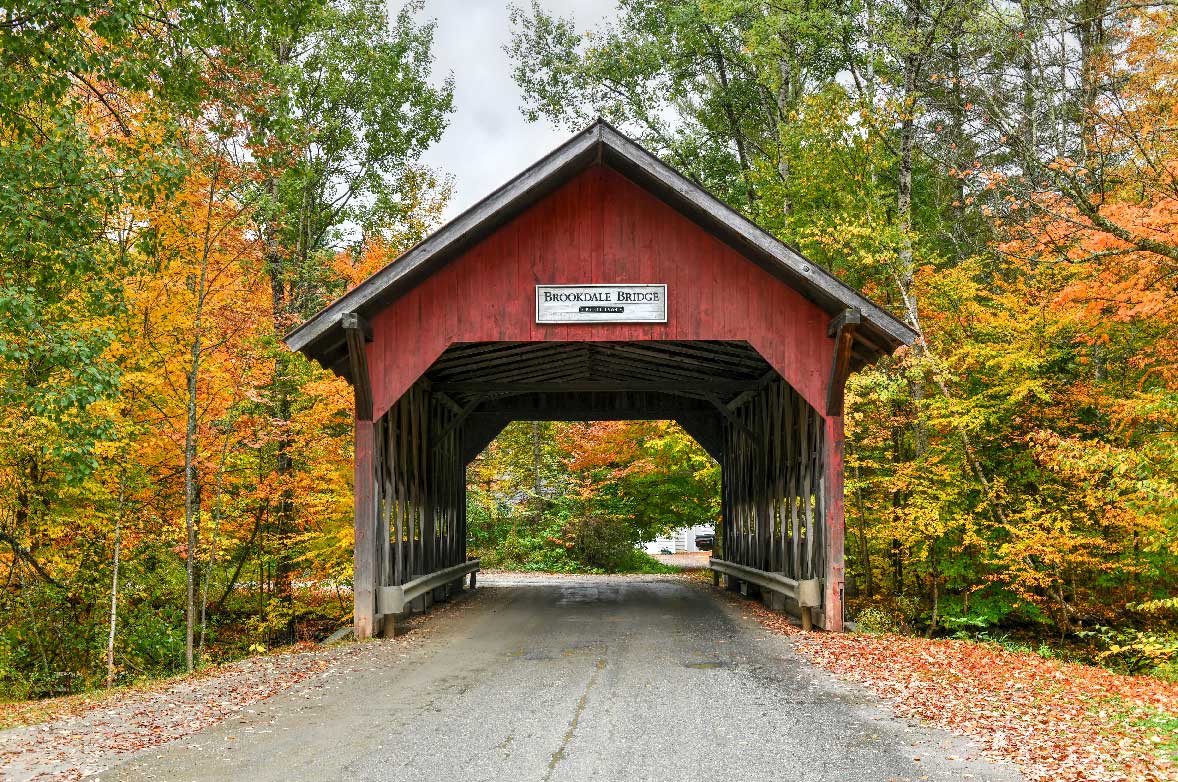 Covered bridge in autumn foliage