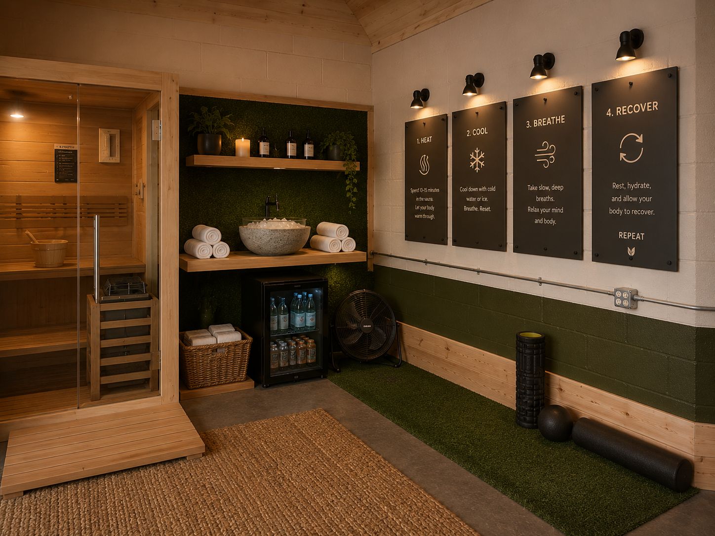 Rifugio wellness room with sauna, hydration station, and recovery space